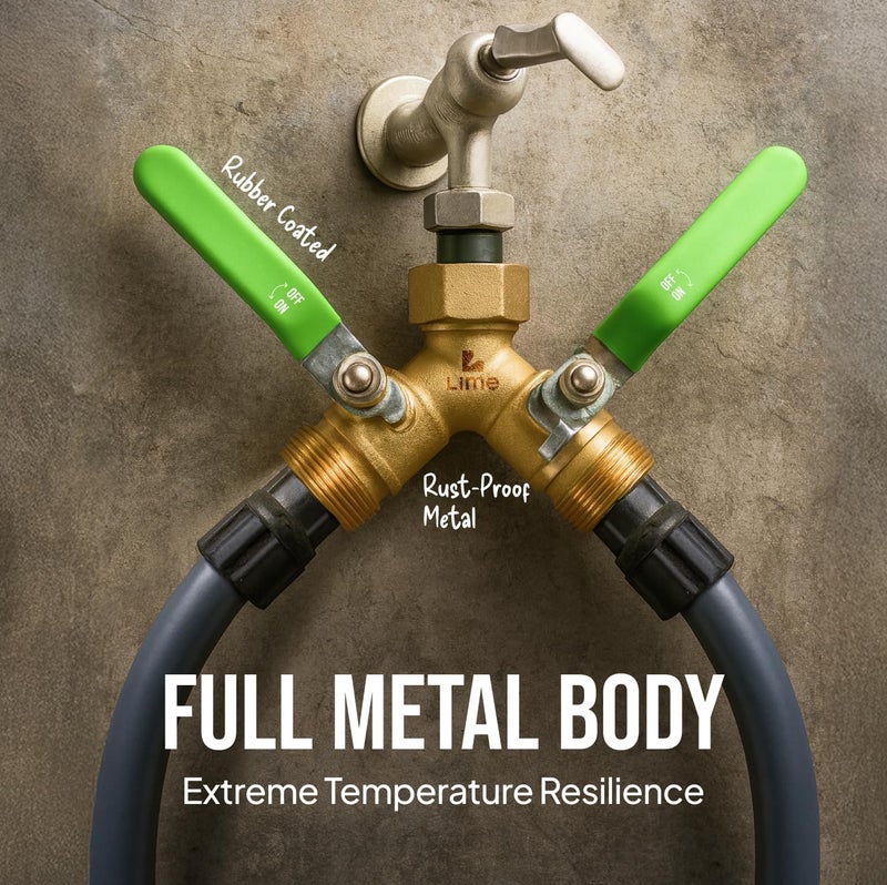 Craft911 2-Way Hose Splitter – Heavy Duty Brass Y Connector with Stainless Steel Rubbered Handle, 3/4” GHT Thread – Full Flow Garden Hose Splitter for Outdoor Faucets - Image 3